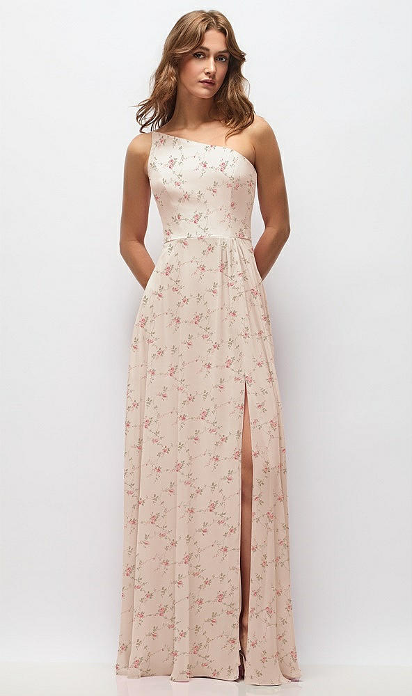 Front View - Coquette Floral Print One-Shoulder Chiffon Maxi Dress with Shirred Front Slit