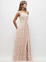 Side View Thumbnail - Coquette Floral Print One-Shoulder Chiffon Maxi Dress with Shirred Front Slit