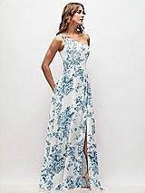 Side View Thumbnail - Cottage Rose Dusk Blue One-Shoulder Chiffon Maxi Dress with Shirred Front Slit
