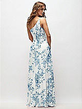 Rear View Thumbnail - Cottage Rose Dusk Blue One-Shoulder Chiffon Maxi Dress with Shirred Front Slit