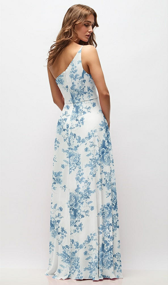 Back View - Cottage Rose Dusk Blue One-Shoulder Chiffon Maxi Dress with Shirred Front Slit