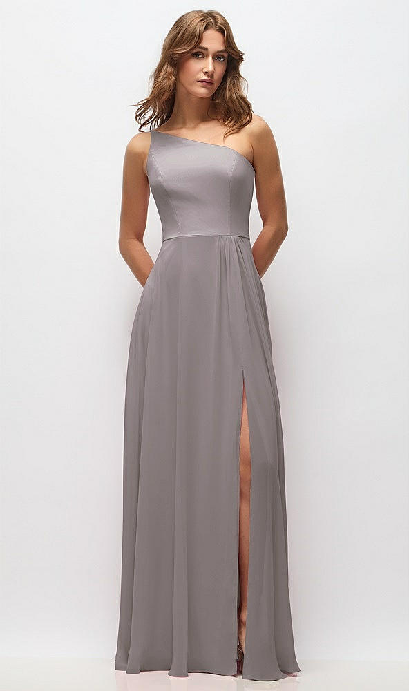 Front View - Cashmere Gray One-Shoulder Chiffon Maxi Dress with Shirred Front Slit