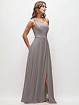 Side View Thumbnail - Cashmere Gray One-Shoulder Chiffon Maxi Dress with Shirred Front Slit