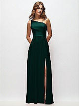 Front View Thumbnail - Evergreen One-Shoulder Chiffon Maxi Dress with Shirred Front Slit