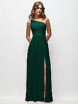 Front View Thumbnail - Hunter Green One-Shoulder Chiffon Maxi Dress with Shirred Front Slit