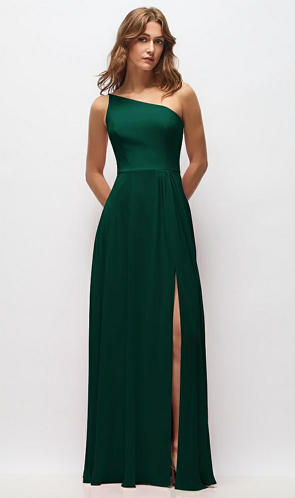 Front View - Hunter Green One-Shoulder Chiffon Maxi Dress with Shirred Front Slit