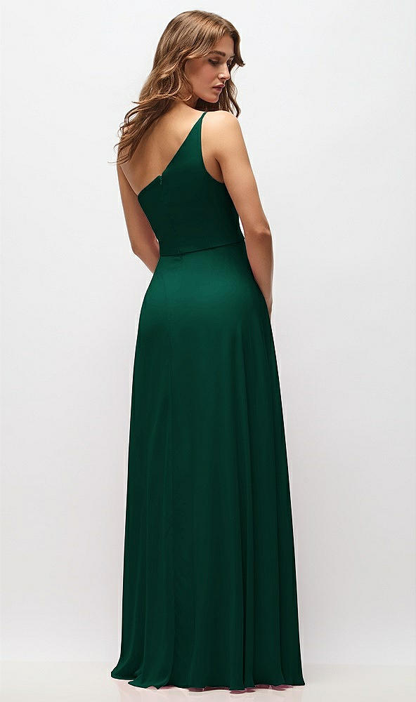 Back View - Hunter Green One-Shoulder Chiffon Maxi Dress with Shirred Front Slit