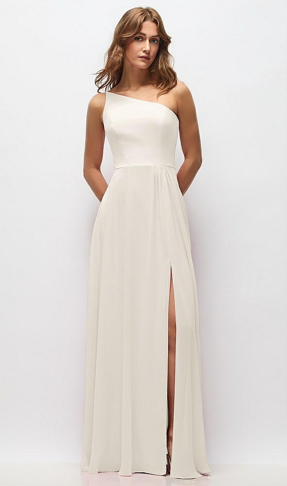Front View - Ivory One-Shoulder Chiffon Maxi Dress with Shirred Front Slit