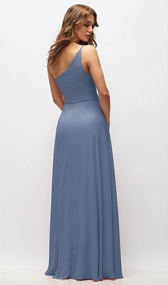 Back View - Larkspur Blue One-Shoulder Chiffon Maxi Dress with Shirred Front Slit