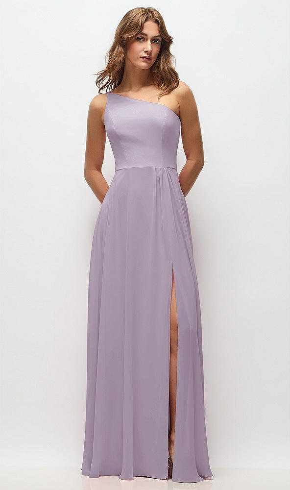 Front View - Lilac Haze One-Shoulder Chiffon Maxi Dress with Shirred Front Slit