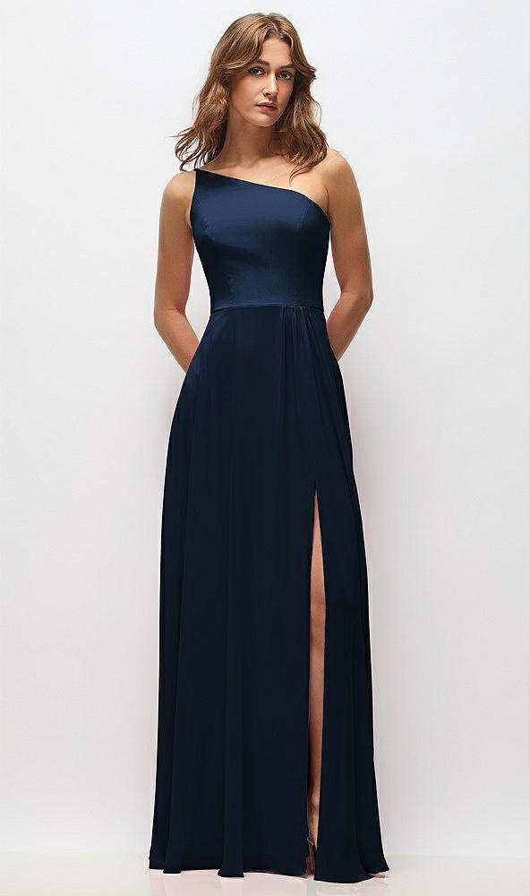 Front View - Midnight Navy One-Shoulder Chiffon Maxi Dress with Shirred Front Slit