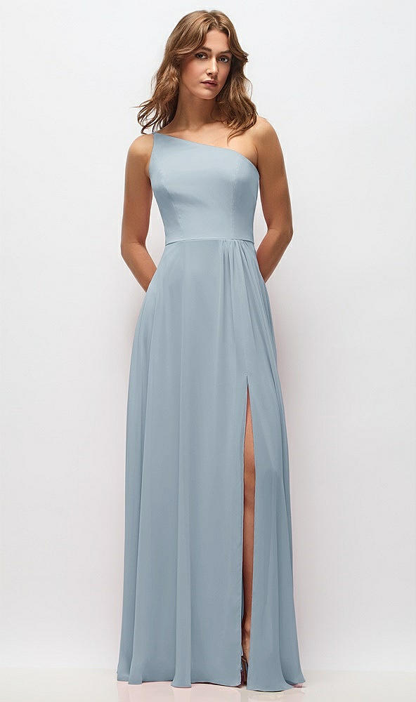 Front View - Mist One-Shoulder Chiffon Maxi Dress with Shirred Front Slit