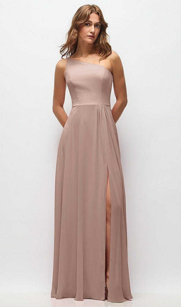 Front View - Neu Nude One-Shoulder Chiffon Maxi Dress with Shirred Front Slit