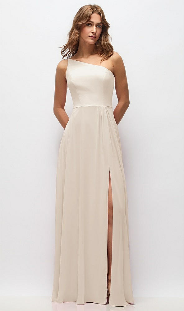 Front View - Oat One-Shoulder Chiffon Maxi Dress with Shirred Front Slit