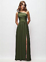 Front View Thumbnail - Olive Green One-Shoulder Chiffon Maxi Dress with Shirred Front Slit