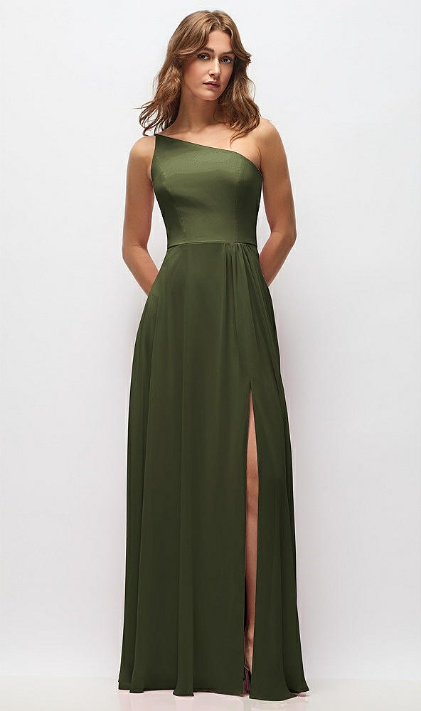 Front View - Olive Green One-Shoulder Chiffon Maxi Dress with Shirred Front Slit