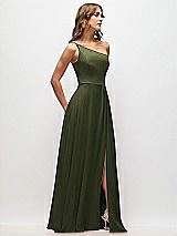 Side View Thumbnail - Olive Green One-Shoulder Chiffon Maxi Dress with Shirred Front Slit