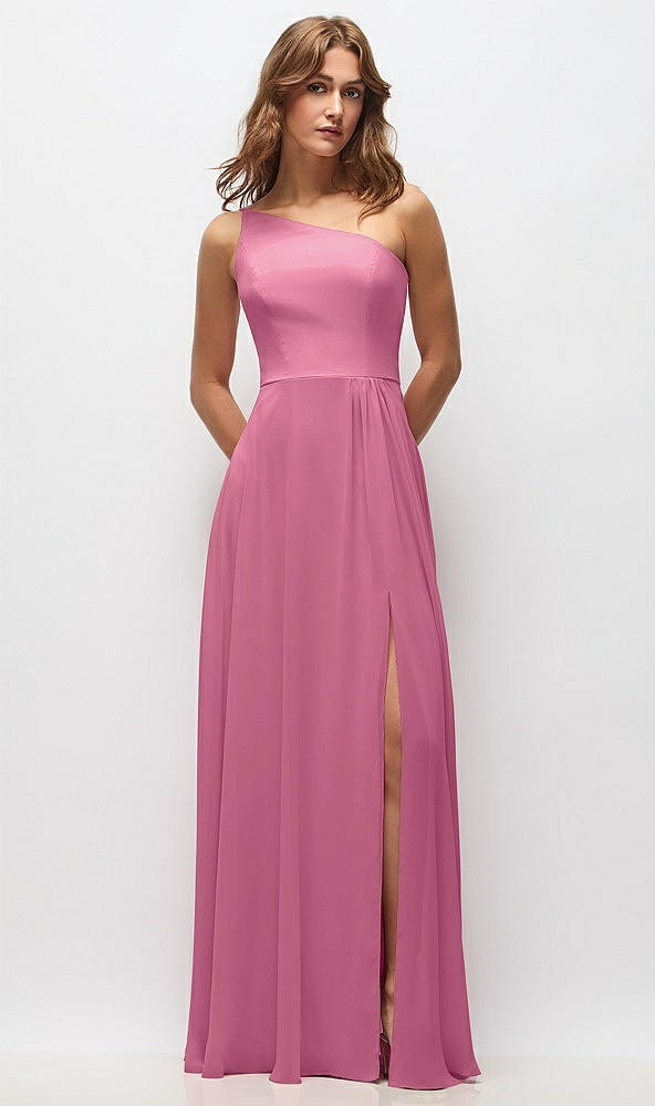 Front View - Orchid Pink One-Shoulder Chiffon Maxi Dress with Shirred Front Slit