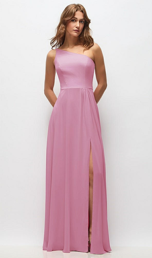 Front View - Powder Pink One-Shoulder Chiffon Maxi Dress with Shirred Front Slit