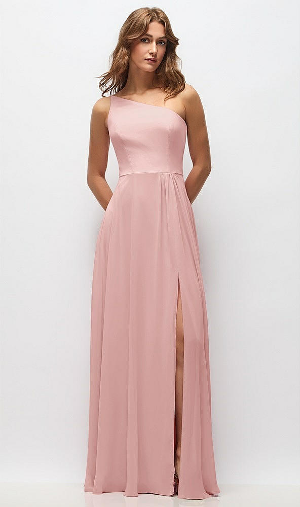 Front View - Rose One-Shoulder Chiffon Maxi Dress with Shirred Front Slit