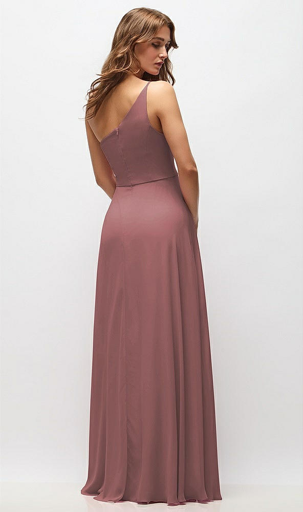 Back View - Rosewood One-Shoulder Chiffon Maxi Dress with Shirred Front Slit
