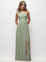 Front View Thumbnail - Sage One-Shoulder Chiffon Maxi Dress with Shirred Front Slit