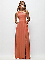Front View Thumbnail - Terracotta Copper One-Shoulder Chiffon Maxi Dress with Shirred Front Slit