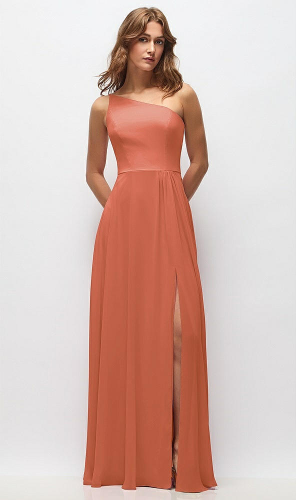 Front View - Terracotta Copper One-Shoulder Chiffon Maxi Dress with Shirred Front Slit