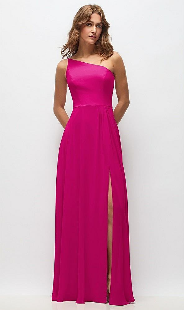 Front View - Think Pink One-Shoulder Chiffon Maxi Dress with Shirred Front Slit