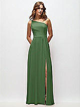 Front View Thumbnail - Vineyard Green One-Shoulder Chiffon Maxi Dress with Shirred Front Slit