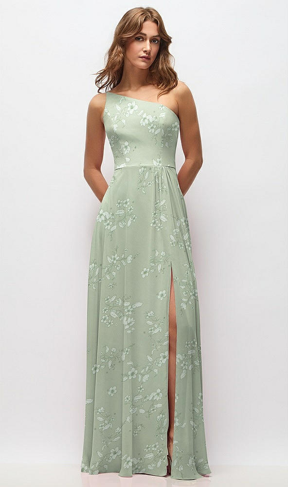 Front View - Vintage Primrose Sage One-Shoulder Chiffon Maxi Dress with Shirred Front Slit