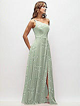 Side View Thumbnail - Vintage Primrose Sage One-Shoulder Chiffon Maxi Dress with Shirred Front Slit