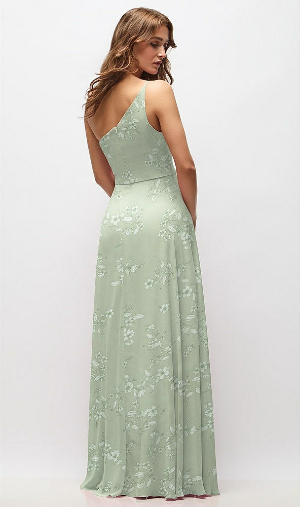 Back View - Vintage Primrose Sage One-Shoulder Chiffon Maxi Dress with Shirred Front Slit