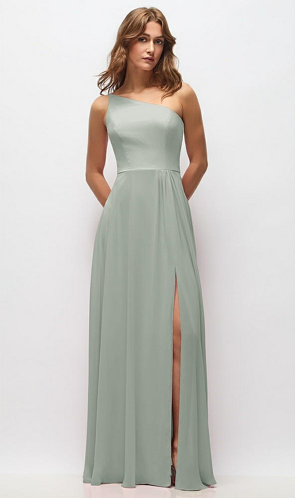 Front View - Willow Green One-Shoulder Chiffon Maxi Dress with Shirred Front Slit