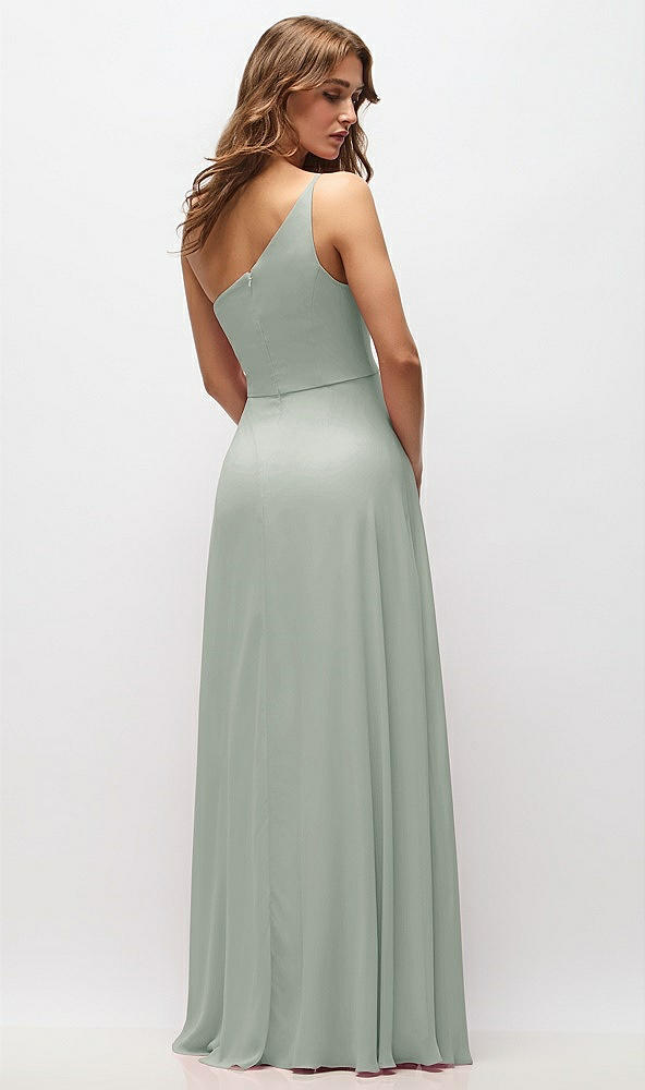 Back View - Willow Green One-Shoulder Chiffon Maxi Dress with Shirred Front Slit