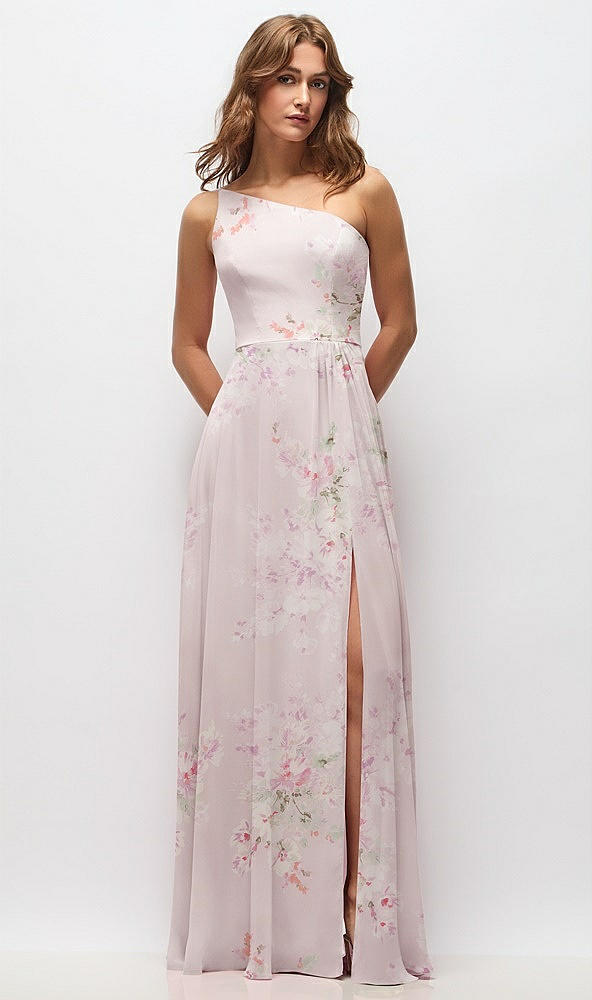 Front View - Watercolor Print One-Shoulder Chiffon Maxi Dress with Shirred Front Slit