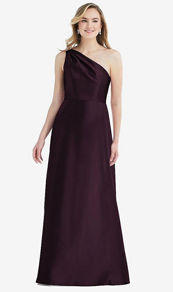 Front View - Deep Plum Pleated Draped One-Shoulder Satin Maxi Dress with Pockets
