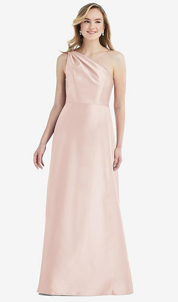 Front View - Blush Pleated Draped One-Shoulder Satin Maxi Dress with Pockets
