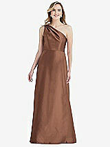 Front View Thumbnail - Cognac Pleated Draped One-Shoulder Satin Maxi Dress with Pockets