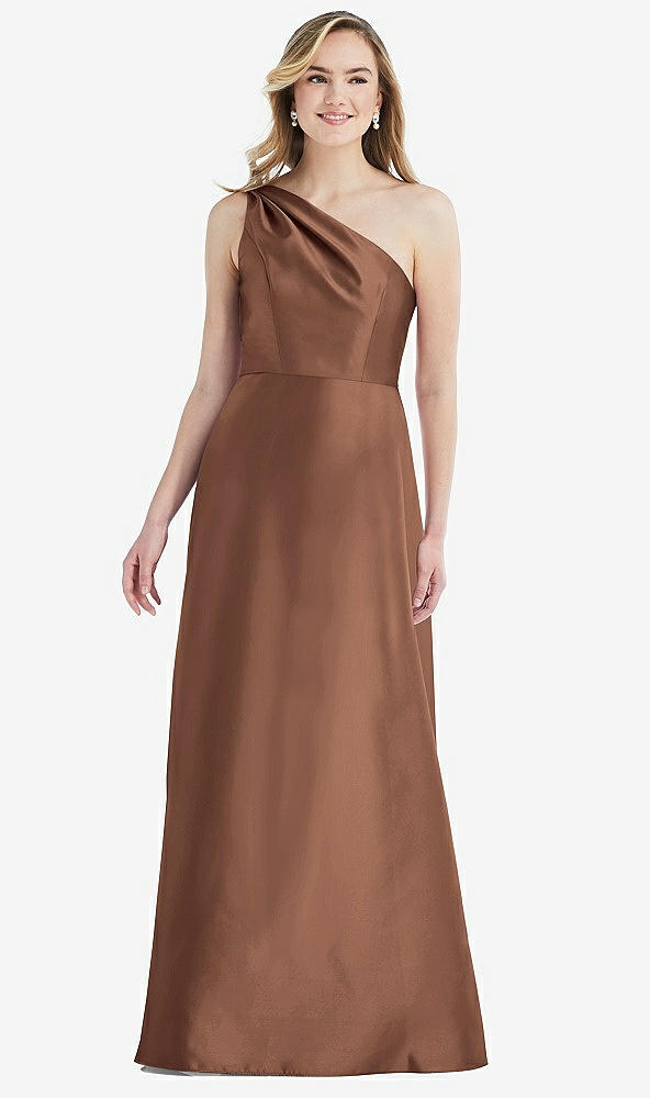 Front View - Cognac Pleated Draped One-Shoulder Satin Maxi Dress with Pockets