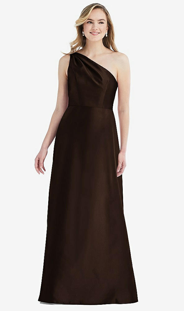 Front View - Espresso Pleated Draped One-Shoulder Satin Maxi Dress with Pockets