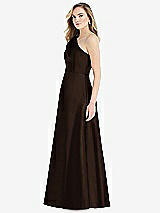 Side View Thumbnail - Espresso Pleated Draped One-Shoulder Satin Maxi Dress with Pockets