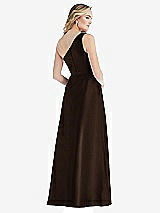 Rear View Thumbnail - Espresso Pleated Draped One-Shoulder Satin Maxi Dress with Pockets