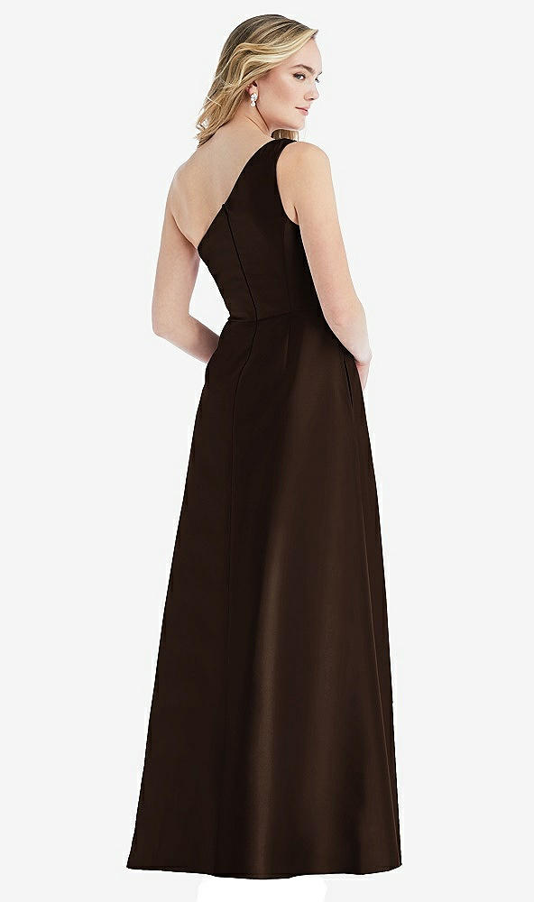 Back View - Espresso Pleated Draped One-Shoulder Satin Maxi Dress with Pockets