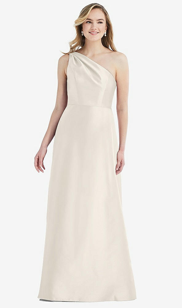 Front View - Ivory Pleated Draped One-Shoulder Satin Maxi Dress with Pockets