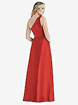 Rear View Thumbnail - Poppy Red Pleated Draped One-Shoulder Satin Maxi Dress with Pockets