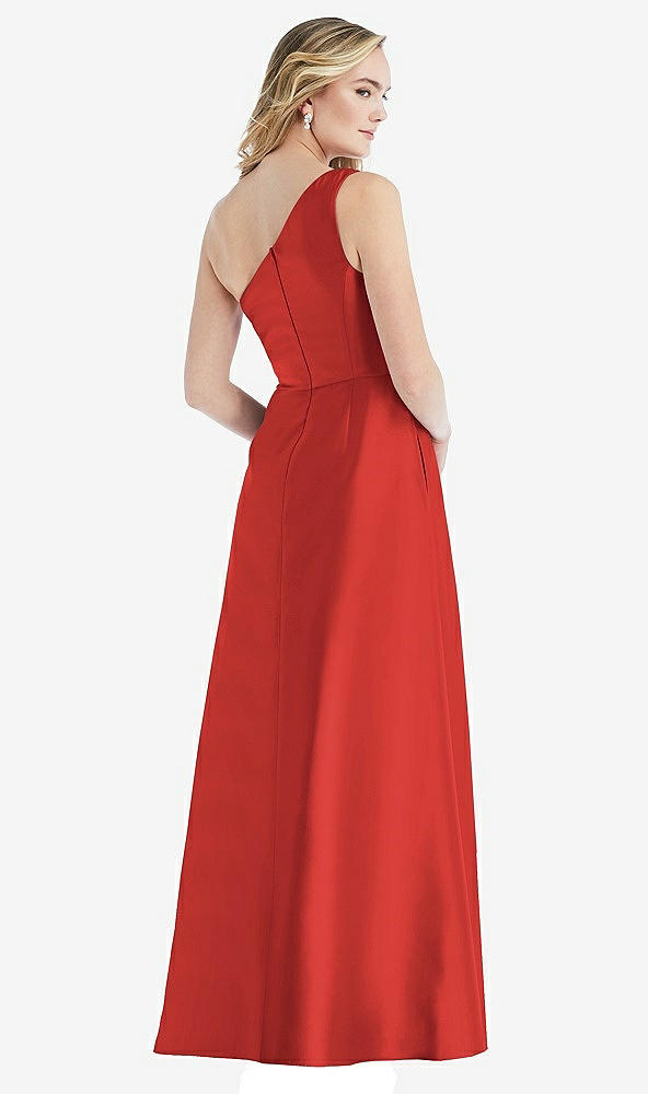 Back View - Poppy Red Pleated Draped One-Shoulder Satin Maxi Dress with Pockets