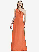 Front View Thumbnail - Portofino Orange Pleated Draped One-Shoulder Satin Maxi Dress with Pockets