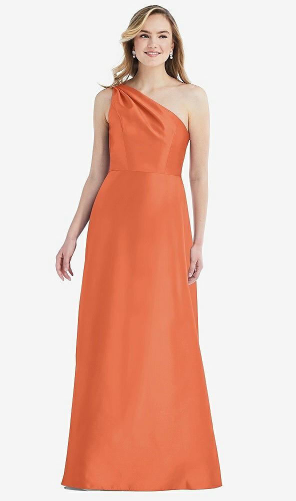 Front View - Portofino Orange Pleated Draped One-Shoulder Satin Maxi Dress with Pockets