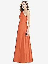 Side View Thumbnail - Portofino Orange Pleated Draped One-Shoulder Satin Maxi Dress with Pockets